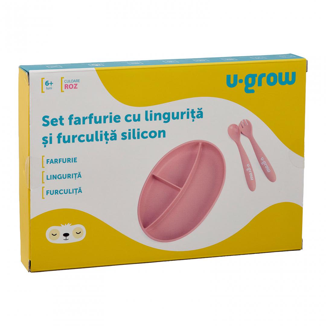 Set farfurie cu lingurita si furculita silicon, roz , U-Grow - imagine 4