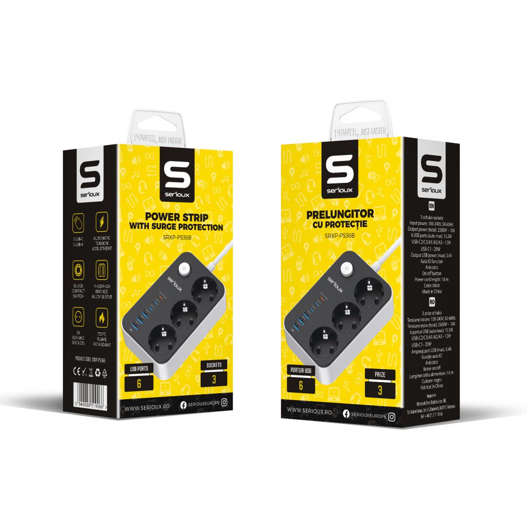 Prelungitor cu protectie Serioux SRXP-PS36B, 3 prize schuko Tensiune intrare: - imagine 7