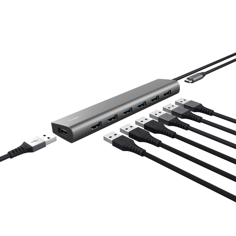 Hub USB TRUST Halyx USB-A, 7 porturi, Gri