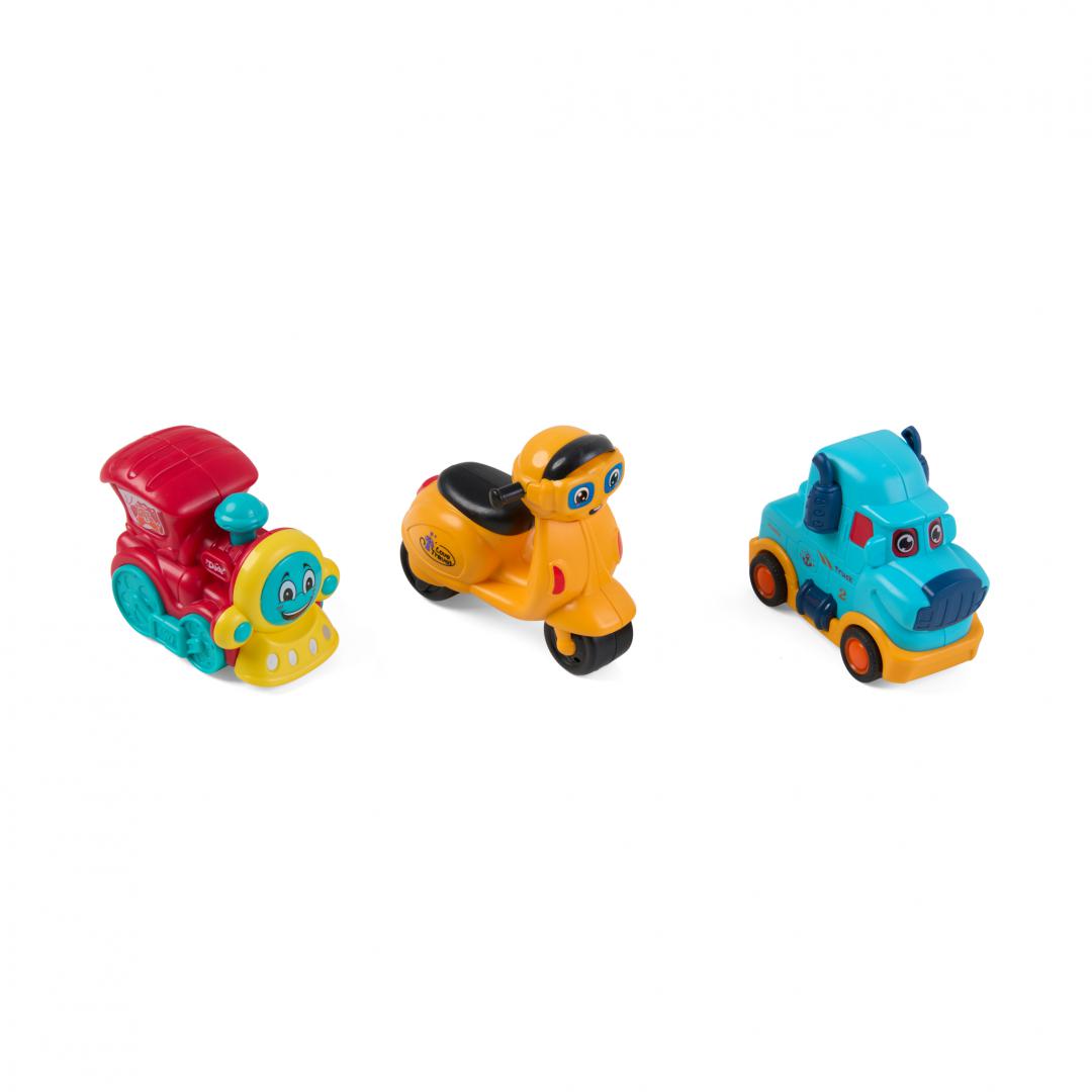 SET 3 VEHICULE ACTIONATE PRIN INERTIE- MASINUTA ALBASTRA, TREN ROSU, - imagine 3