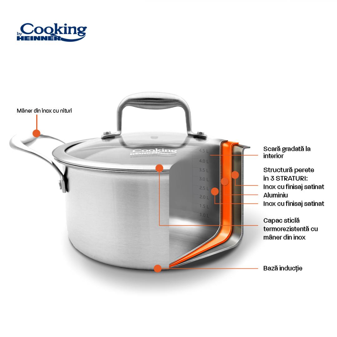 SEMIOALA INOX+CAPAC STICLA 24x12CM, 5L, ATOMIC3, COOKING BY HEINNER - imagine 8