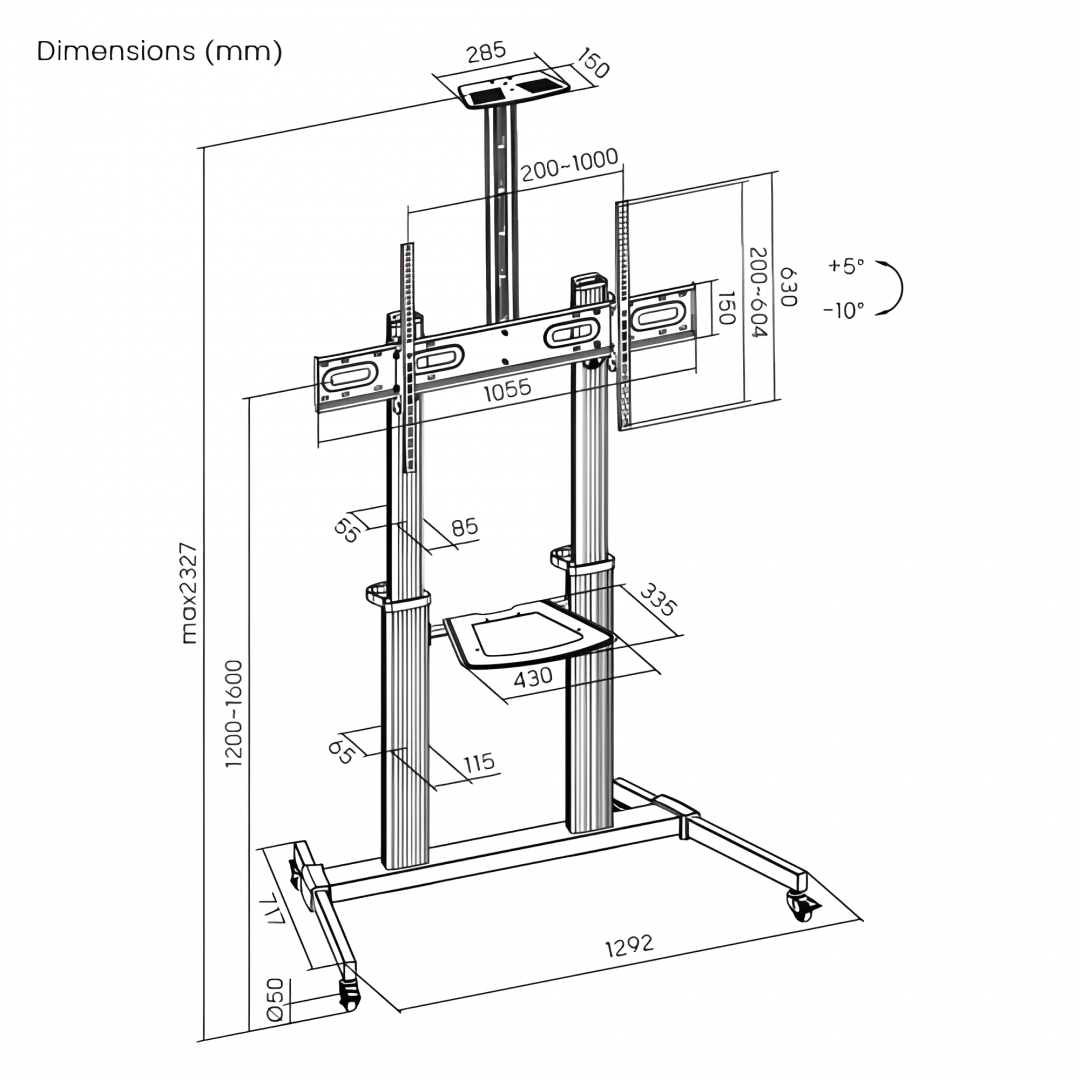 Stand TV mobil Serioux 44-610TW, dimensiuni 1292x717x2327mm, compatibiliate dimensiune - imagine 12