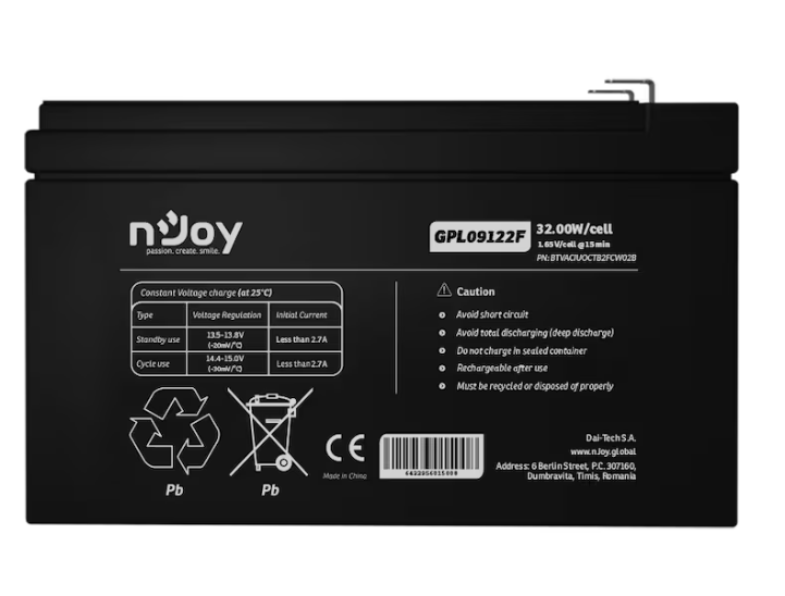 Acumulator nJoy GPL09122F 12V 30.55W/cell, Capacitate 32.00W/cell evaluat la 10V15