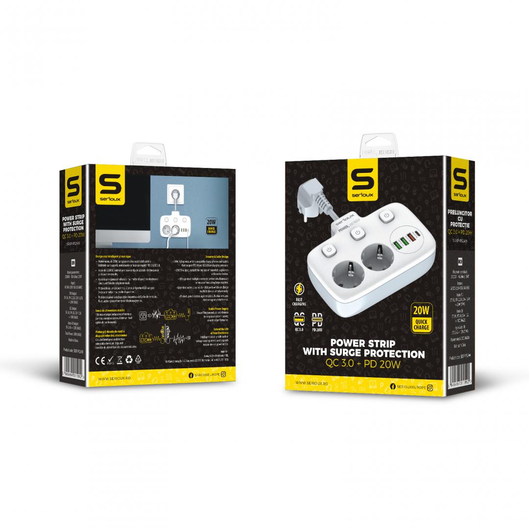 Prelungitor tip priza cu protectie Serioux Quick Charge 3.0, - imagine 7
